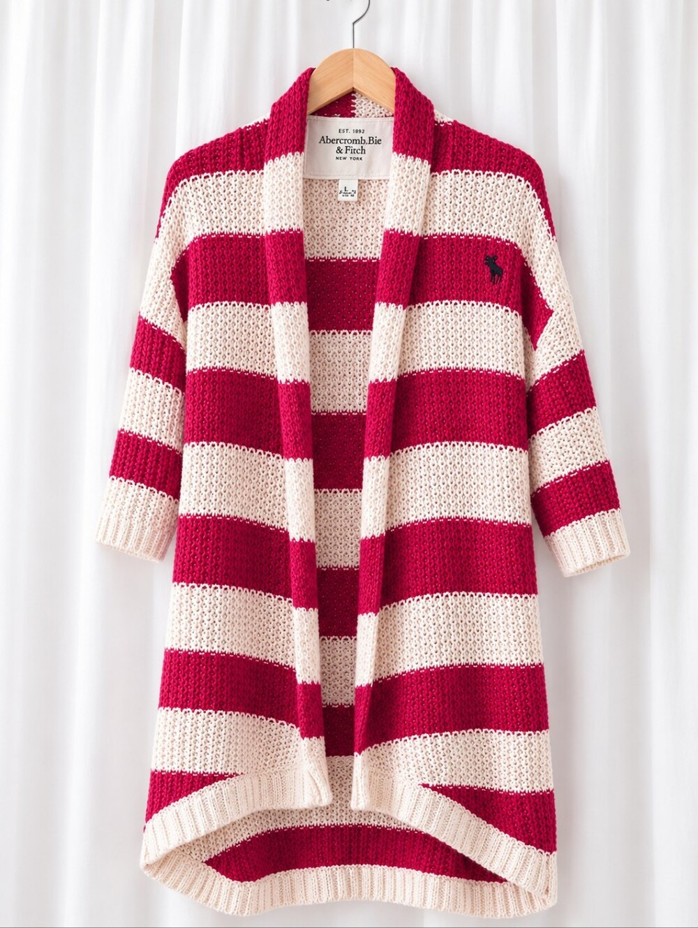Abercrombie & Fitch Raspberry Off White Stripe Drape Front Chunky Knit Sweater